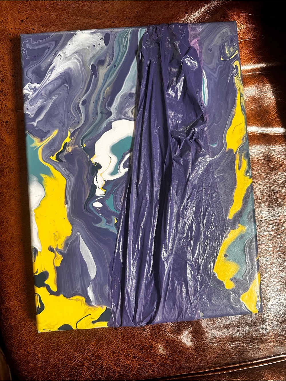 Hand crafted Abstract Pour Painting Canvas in Purple, Yellow, Teal, White - Picture 4 of 8
